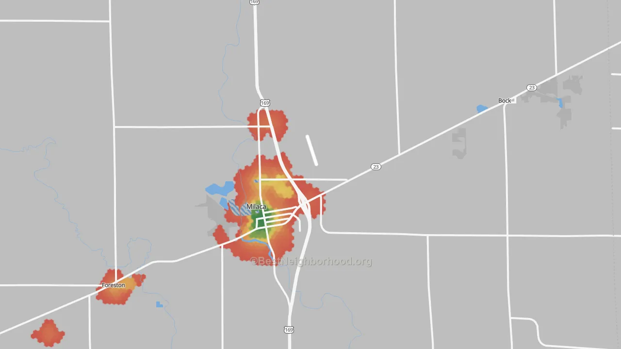 Walk Grade map of 56353, MN, walkable areas in green and car-dependent areas in red