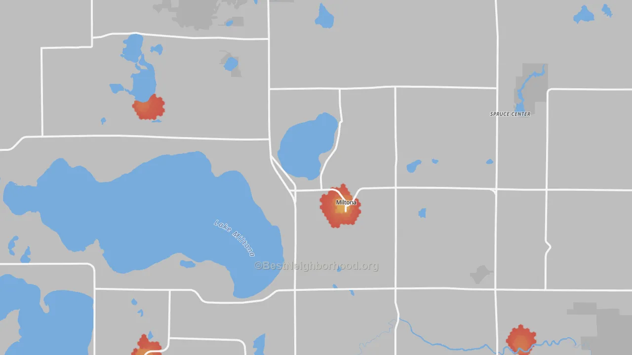 Walk Grade map of 56354, MN, walkable areas in green and car-dependent areas in red