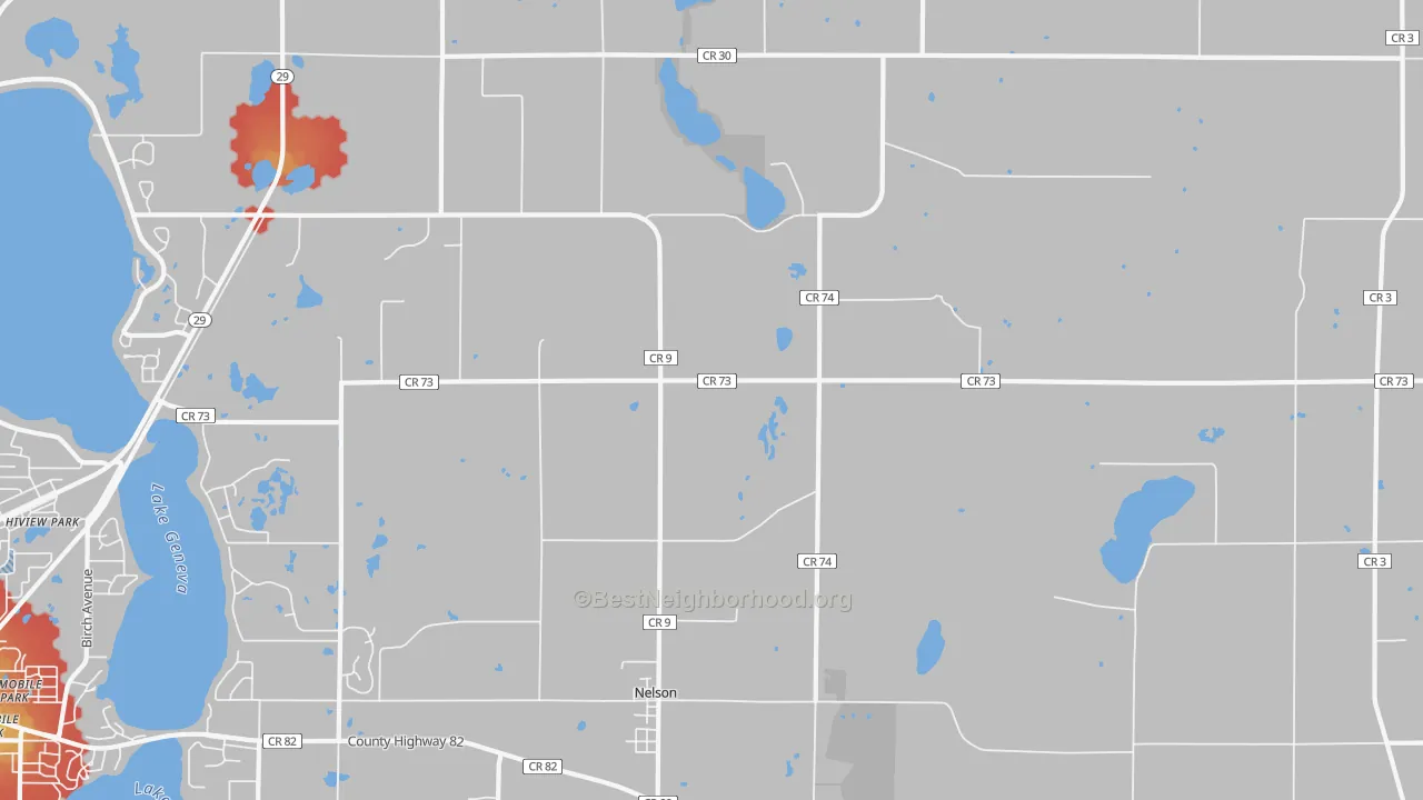 Walk Grade map of 56355, MN, walkable areas in green and car-dependent areas in red