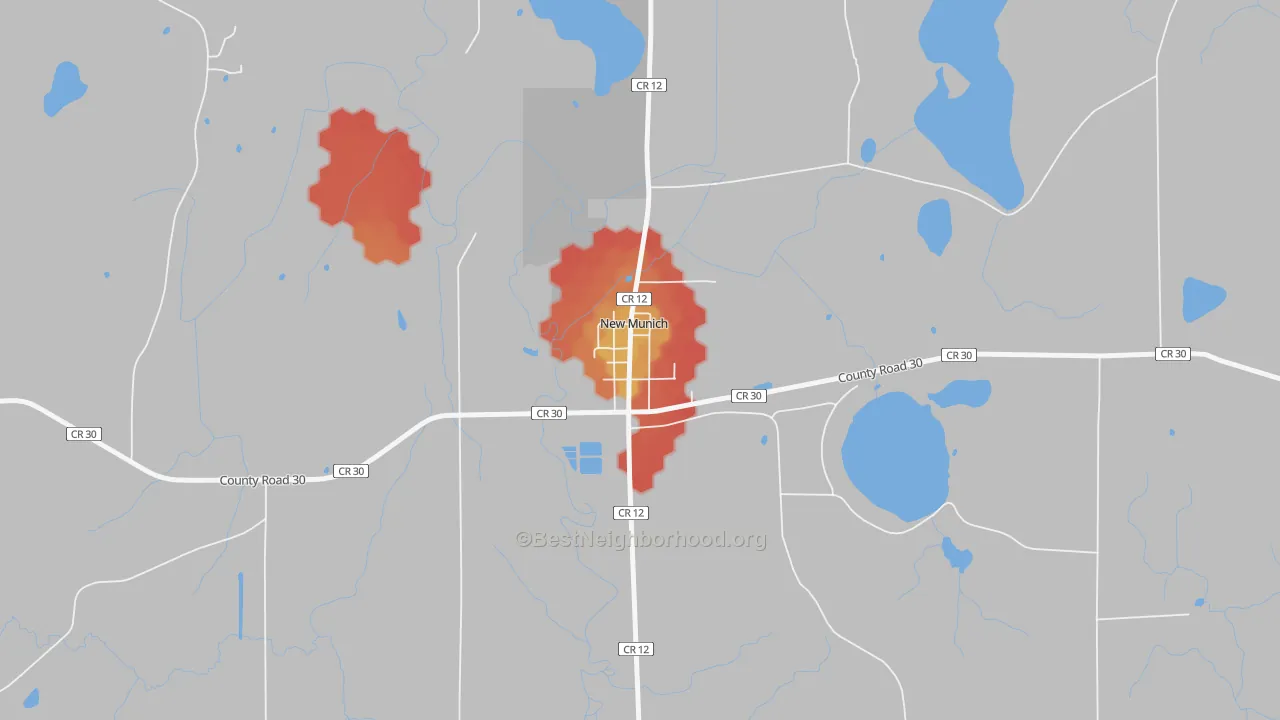 Walk Grade map of 56356, MN, walkable areas in green and car-dependent areas in red