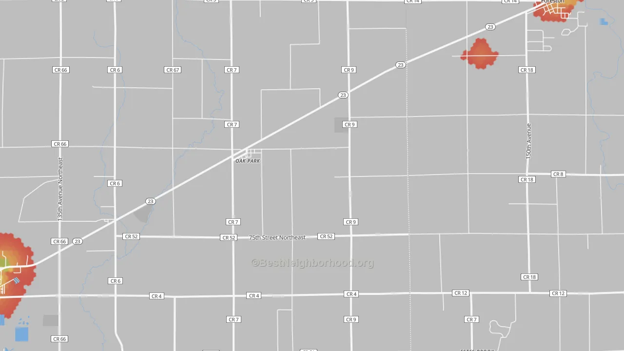 Walk Grade map of 56357, MN, walkable areas in green and car-dependent areas in red