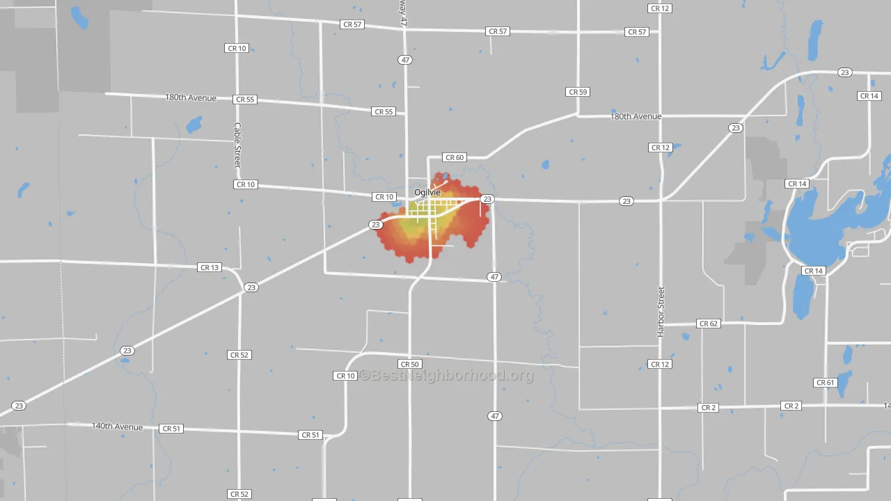 Walk Grade map of 56358, MN, walkable areas in green and car-dependent areas in red