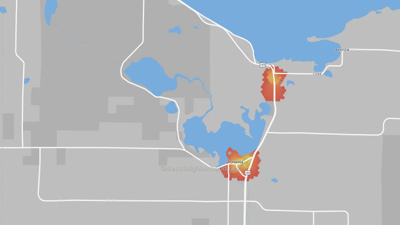 Walk Grade map of 56359, MN, walkable areas in green and car-dependent areas in red