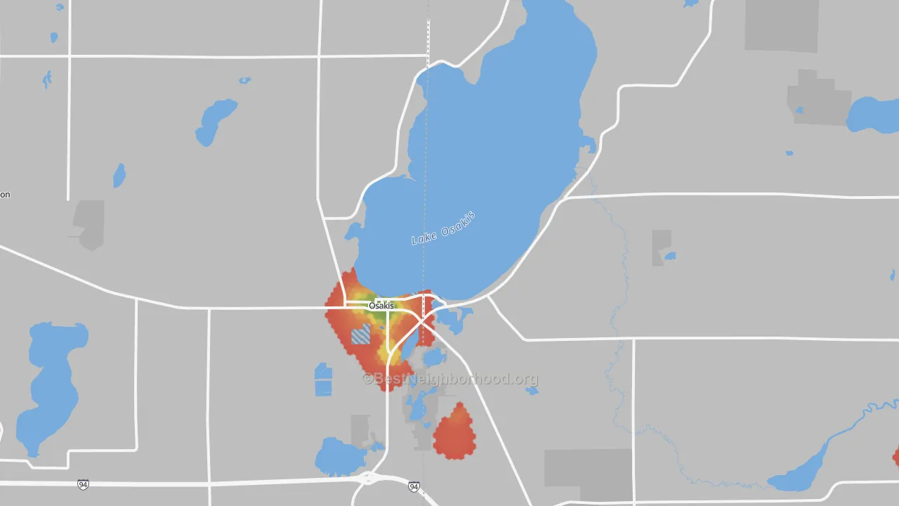 Walk Grade map of 56360, MN, walkable areas in green and car-dependent areas in red