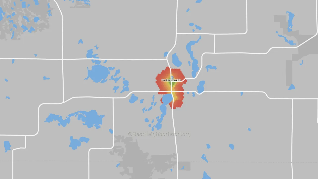 Walk Grade map of 56361, MN, walkable areas in green and car-dependent areas in red