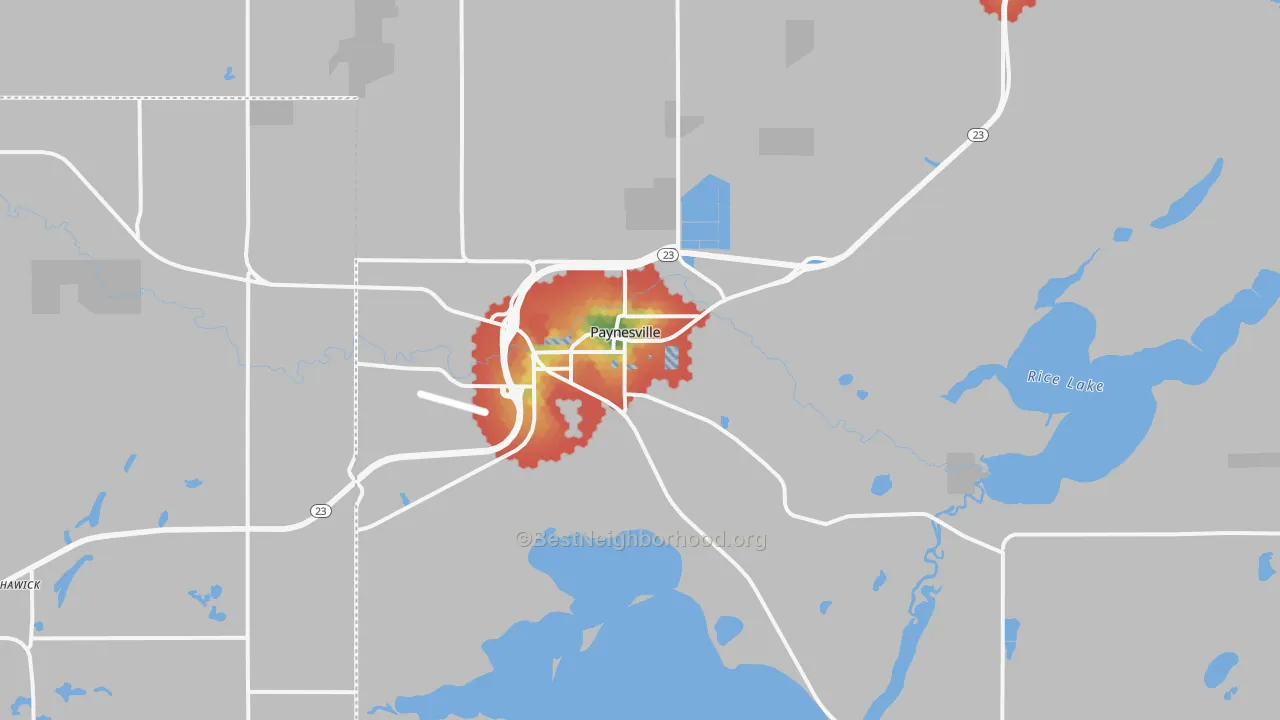 Walk Grade map of 56362, MN, walkable areas in green and car-dependent areas in red