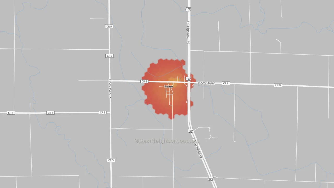 Walk Grade map of 56363, MN, walkable areas in green and car-dependent areas in red