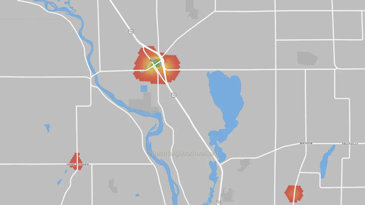 Walk Grade map of 56367, MN, walkable areas in green and car-dependent areas in red