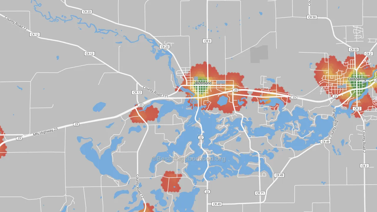 Walk Grade map of 56368, MN, walkable areas in green and car-dependent areas in red