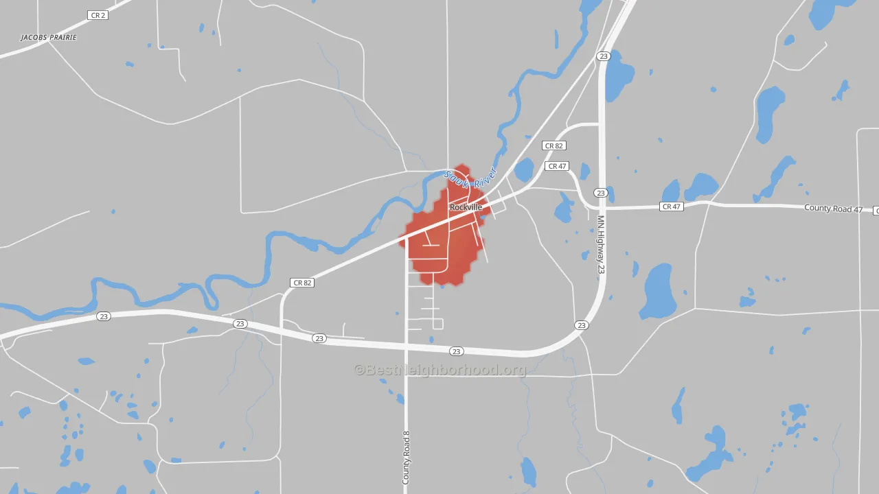 Walk Grade map of 56369, MN, walkable areas in green and car-dependent areas in red