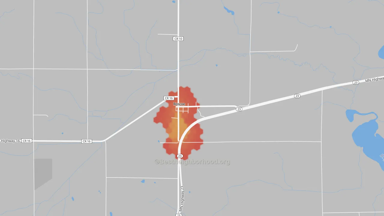 Walk Grade map of 56371, MN, walkable areas in green and car-dependent areas in red