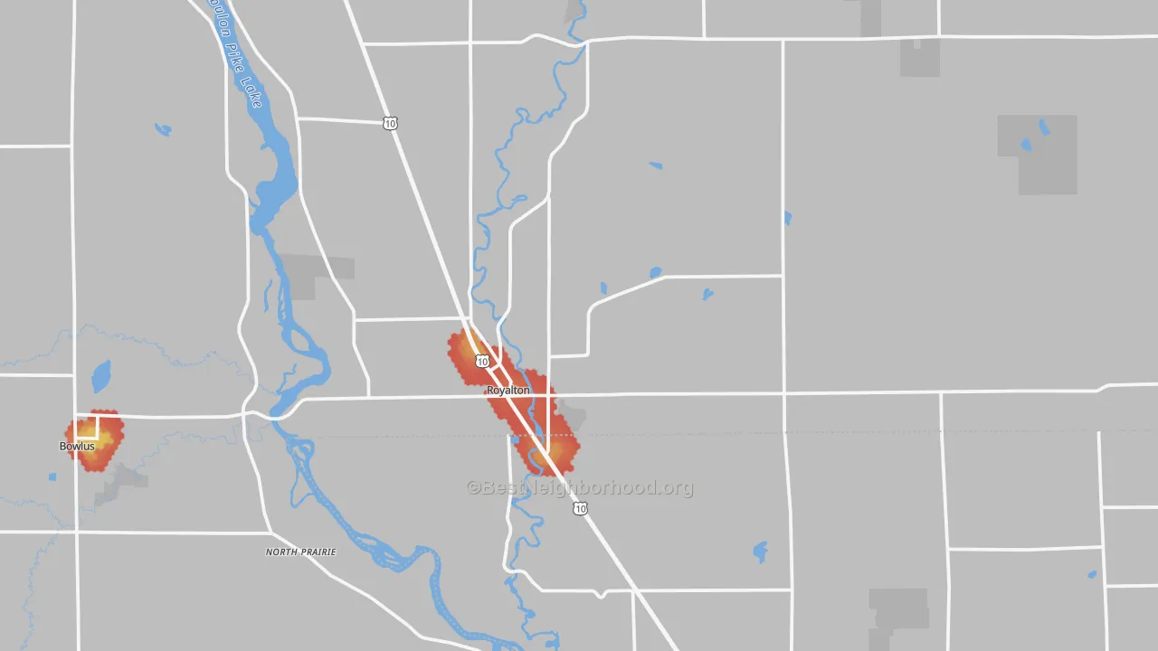 Walk Grade map of 56373, MN, walkable areas in green and car-dependent areas in red