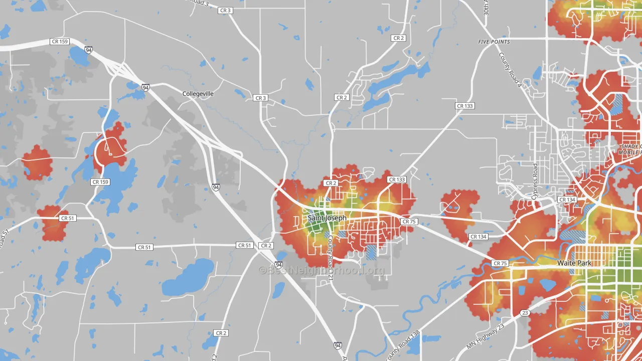 Walk Grade map of 56374, MN, walkable areas in green and car-dependent areas in red