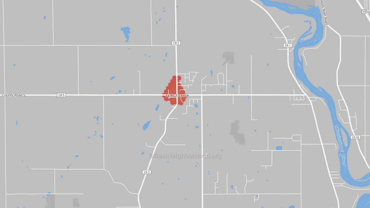 Walk Grade map of 56375, MN, walkable areas in green and car-dependent areas in red
