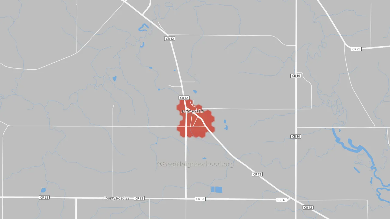 Walk Grade map of 56376, MN, walkable areas in green and car-dependent areas in red