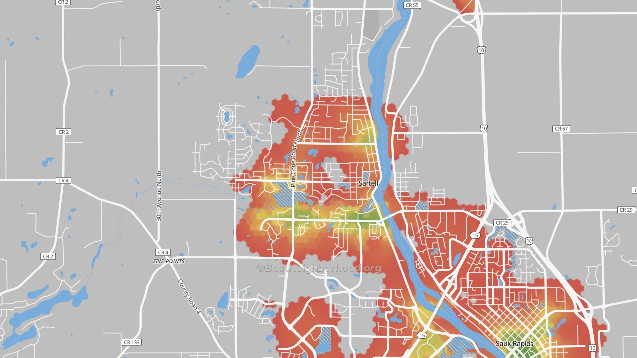 Walk Grade map of 56377, MN, walkable areas in green and car-dependent areas in red