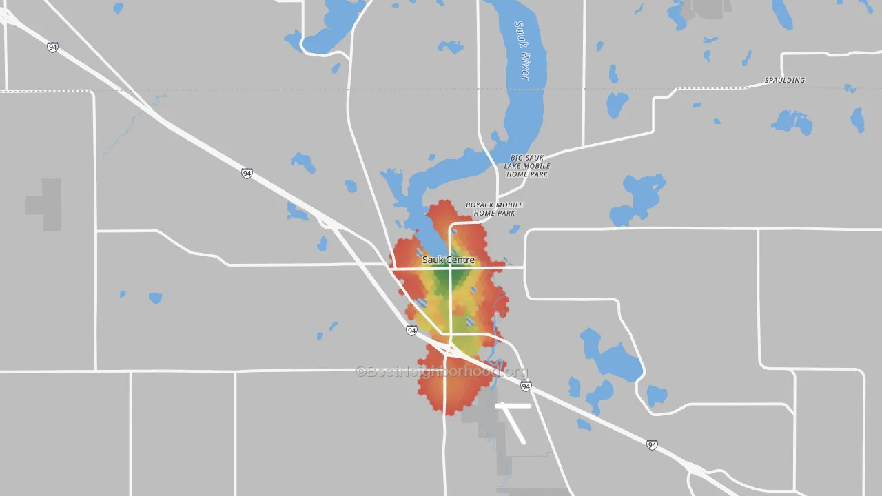 Walk Grade map of 56378, MN, walkable areas in green and car-dependent areas in red