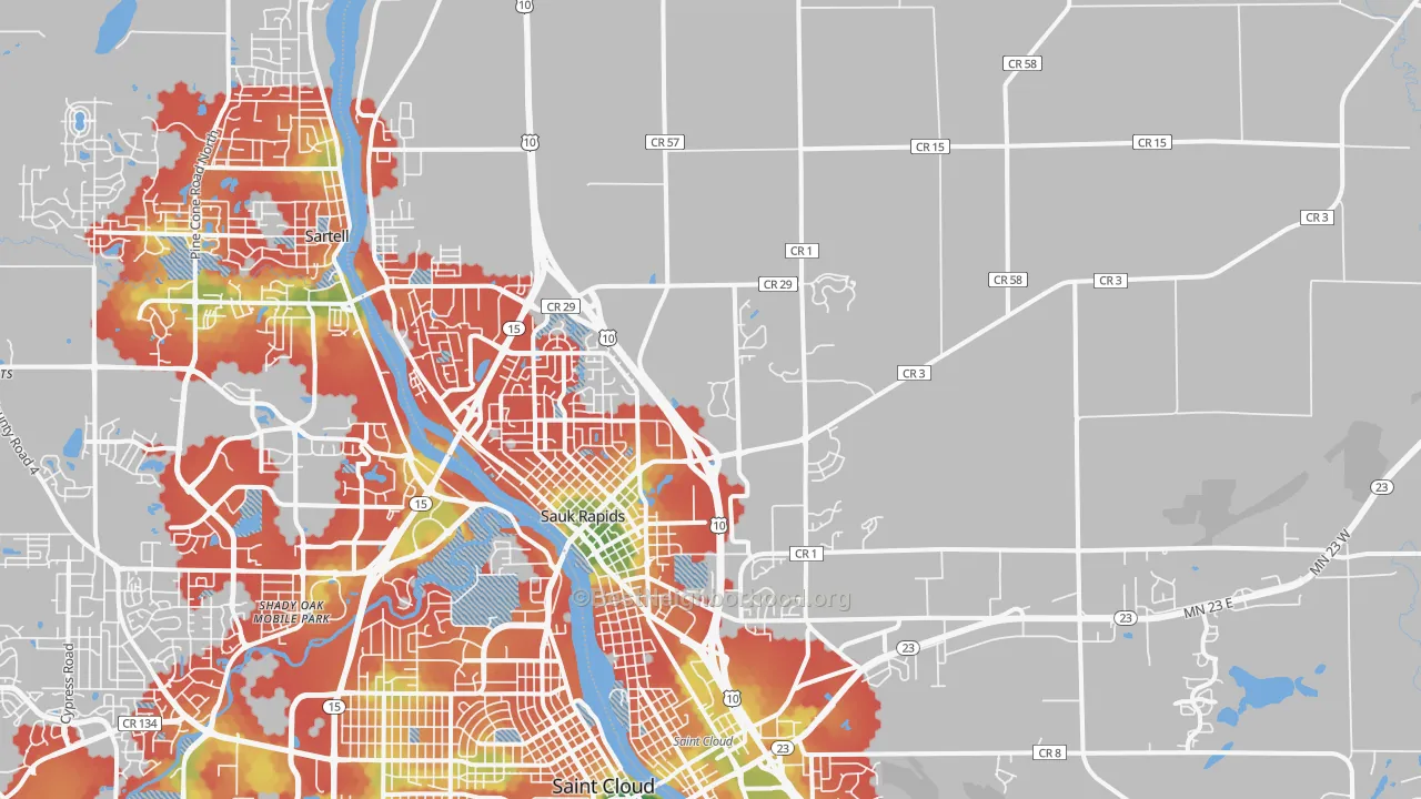 Walk Grade map of 56379, MN, walkable areas in green and car-dependent areas in red