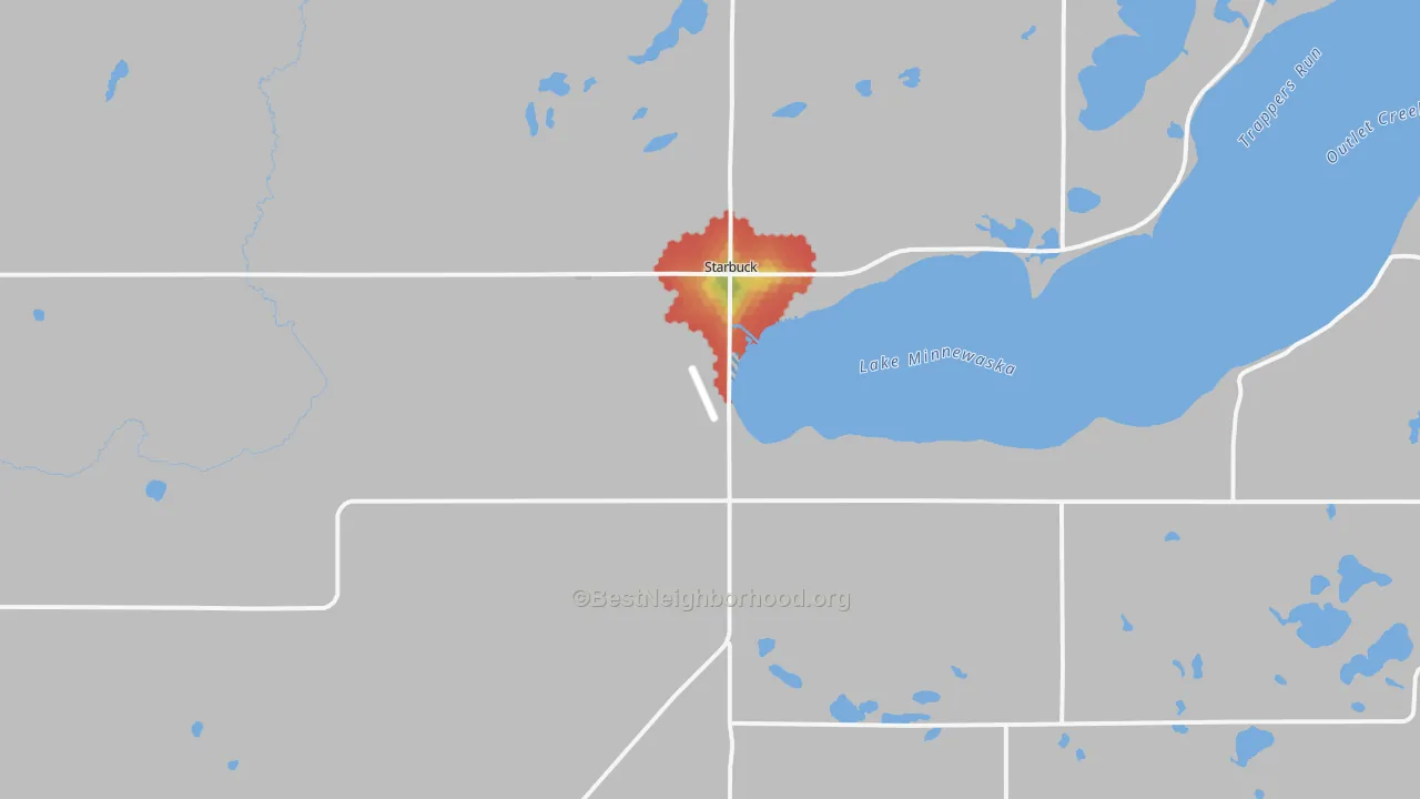 Walk Grade map of 56381, MN, walkable areas in green and car-dependent areas in red
