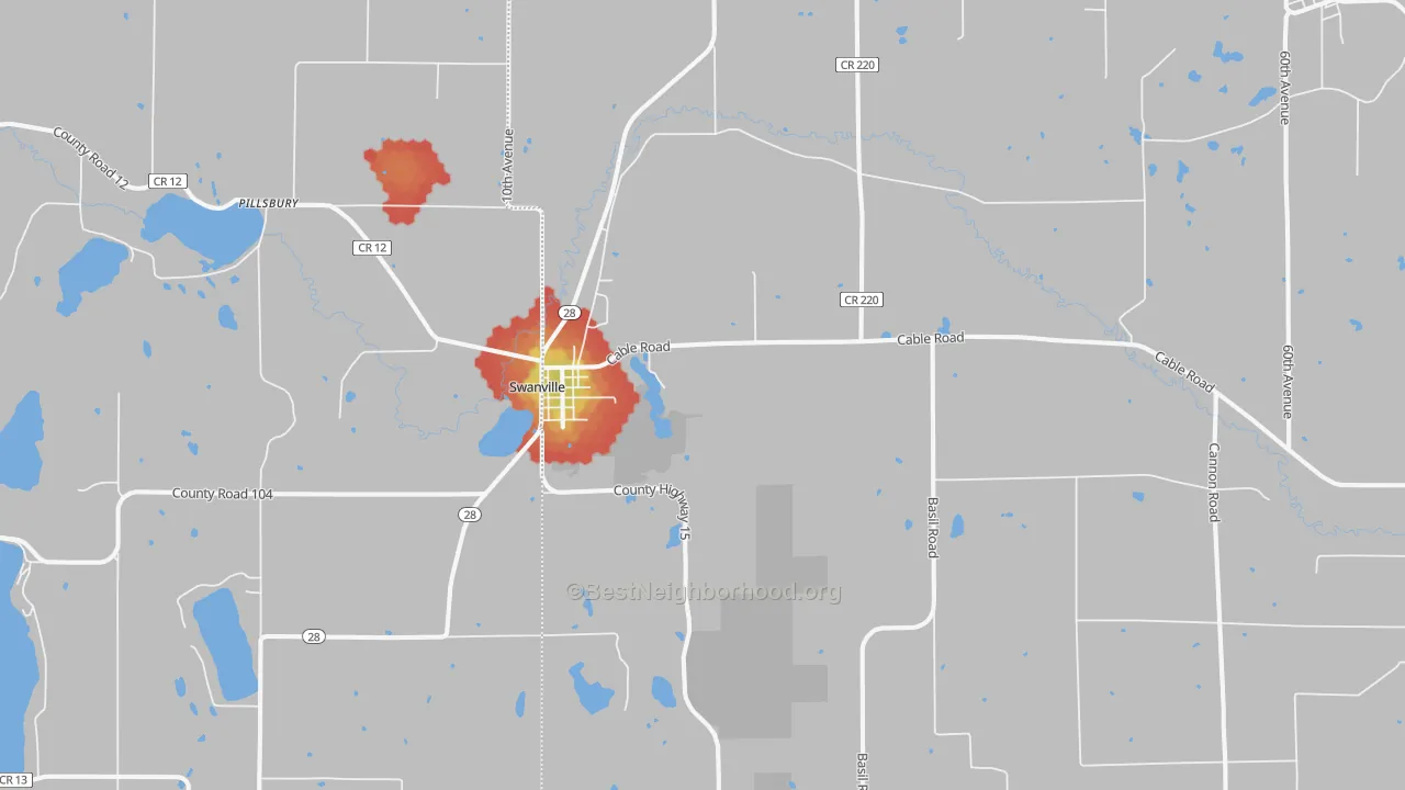 Walk Grade map of 56382, MN, walkable areas in green and car-dependent areas in red