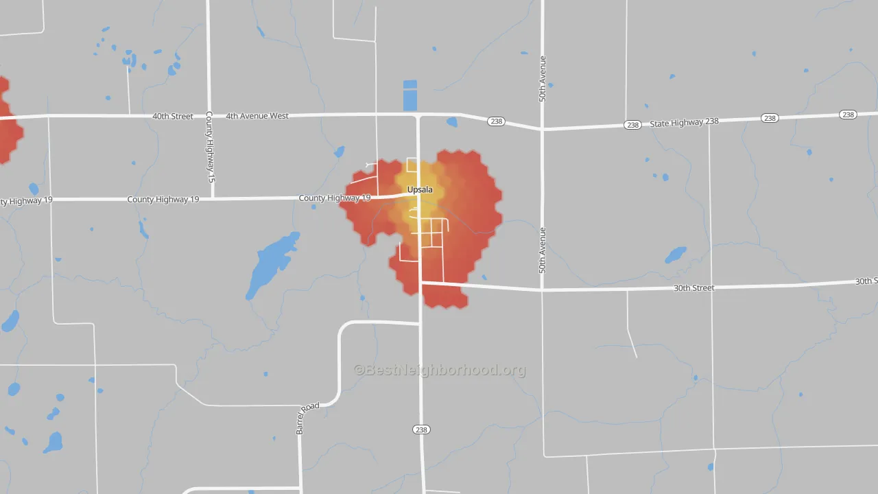 Walk Grade map of 56384, MN, walkable areas in green and car-dependent areas in red