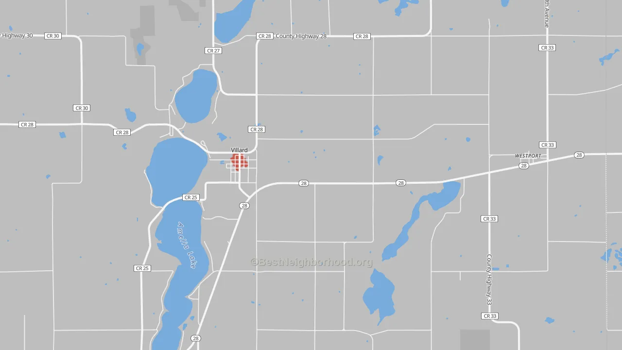 Walk Grade map of 56385, MN, walkable areas in green and car-dependent areas in red