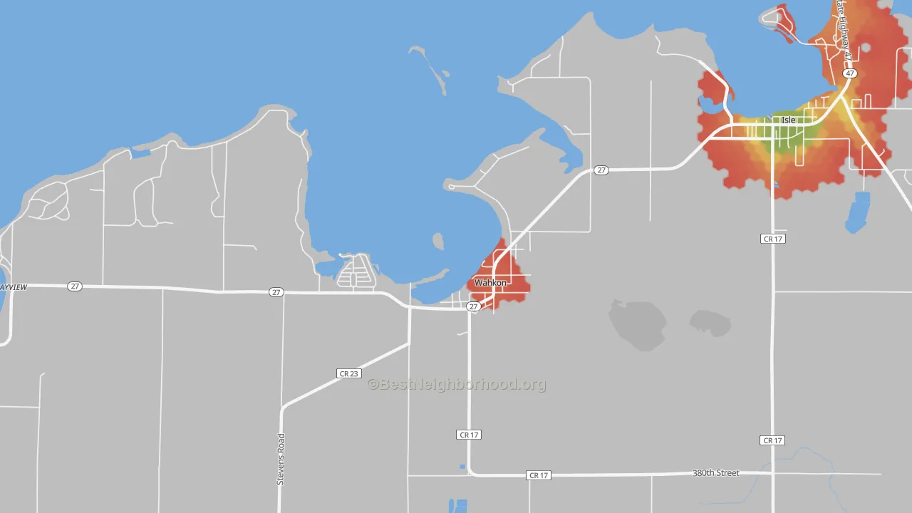 Walk Grade map of 56386, MN, walkable areas in green and car-dependent areas in red
