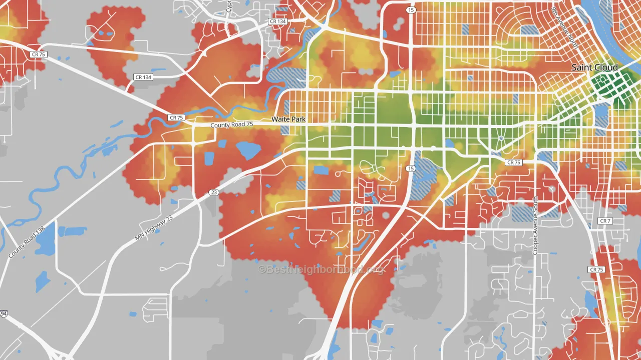 Walk Grade map of 56387, MN, walkable areas in green and car-dependent areas in red