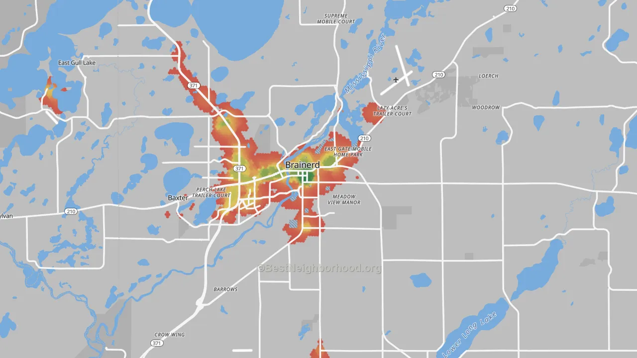 Walk Grade map of 56401, MN, walkable areas in green and car-dependent areas in red