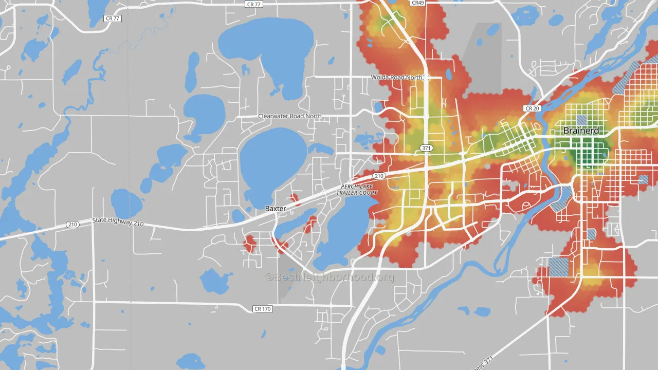 Walk Grade map of 56425, MN, walkable areas in green and car-dependent areas in red