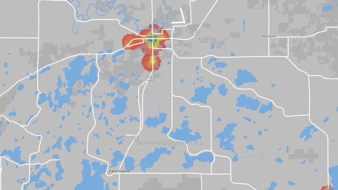 Walk Grade map of 56431, MN, walkable areas in green and car-dependent areas in red