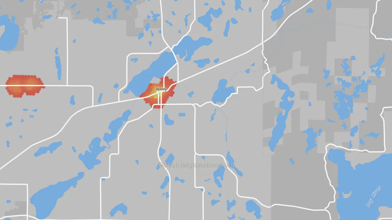 Walk Grade map of 56433, MN, walkable areas in green and car-dependent areas in red