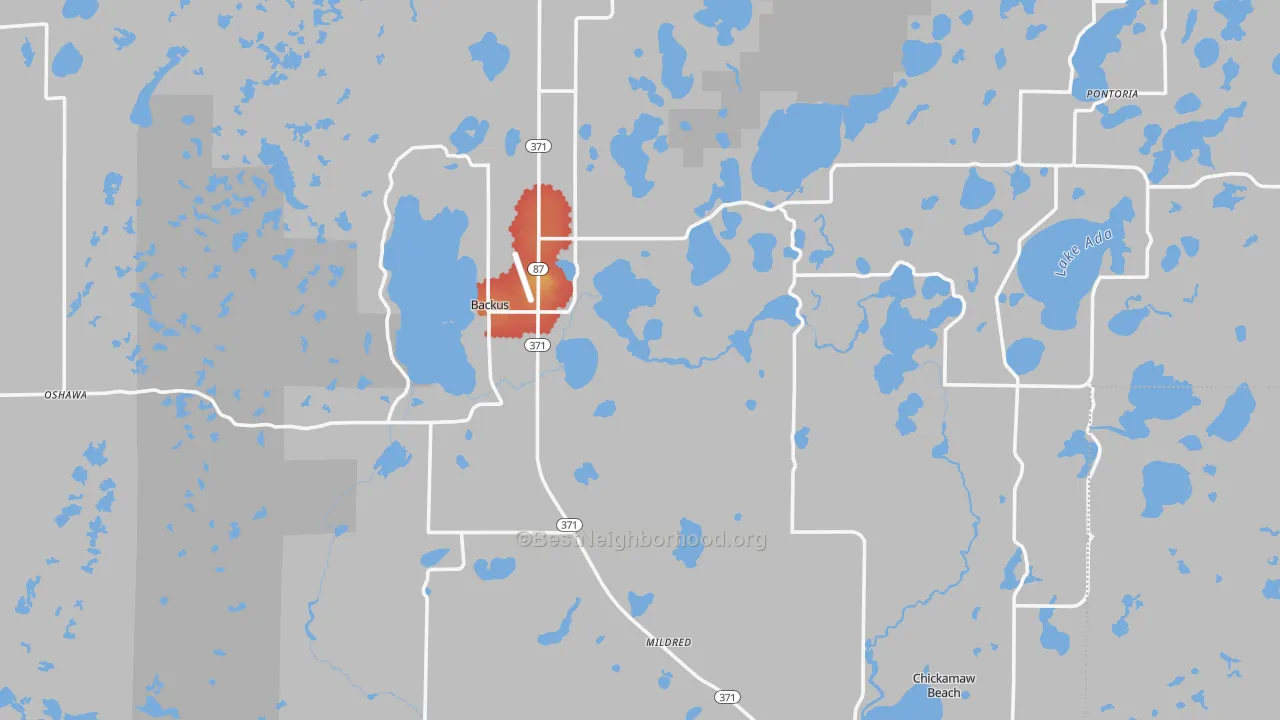 Walk Grade map of 56435, MN, walkable areas in green and car-dependent areas in red