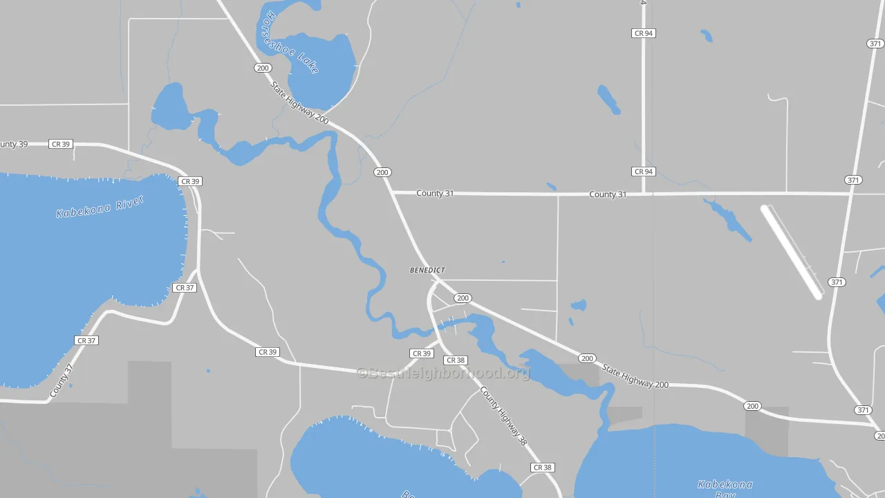 Walk Grade map of 56436, MN, walkable areas in green and car-dependent areas in red