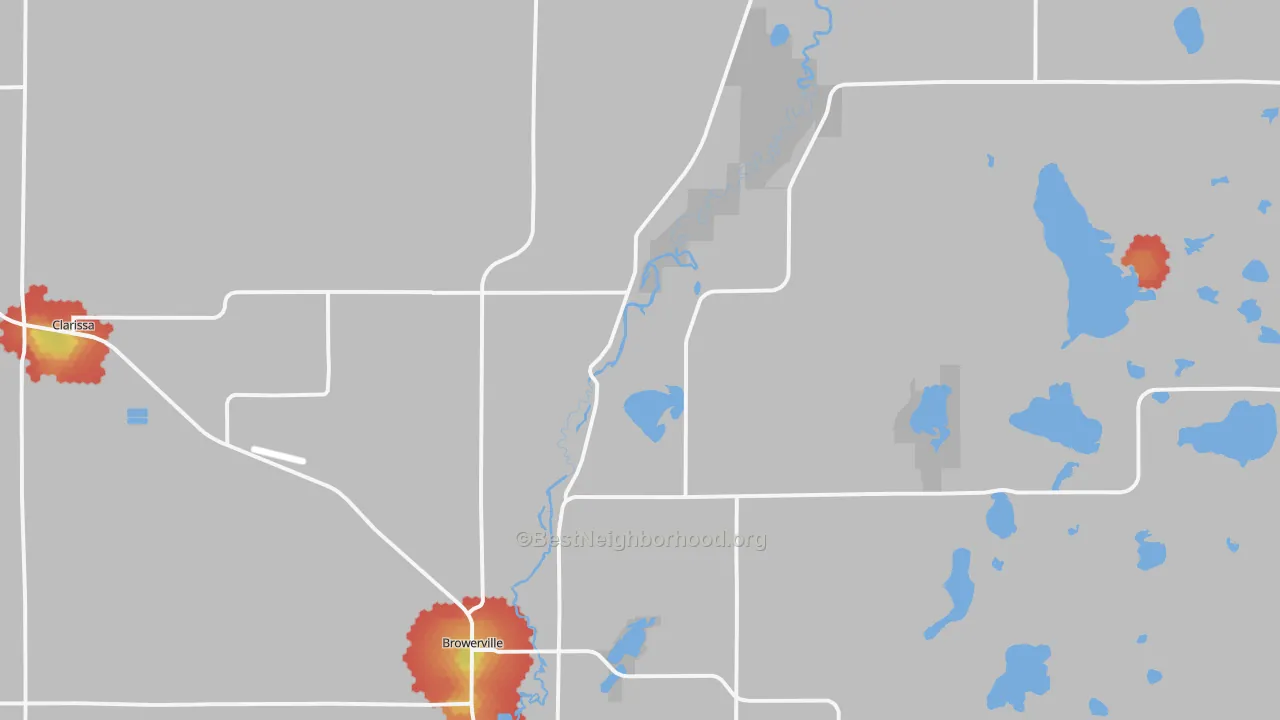 Walk Grade map of 56438, MN, walkable areas in green and car-dependent areas in red