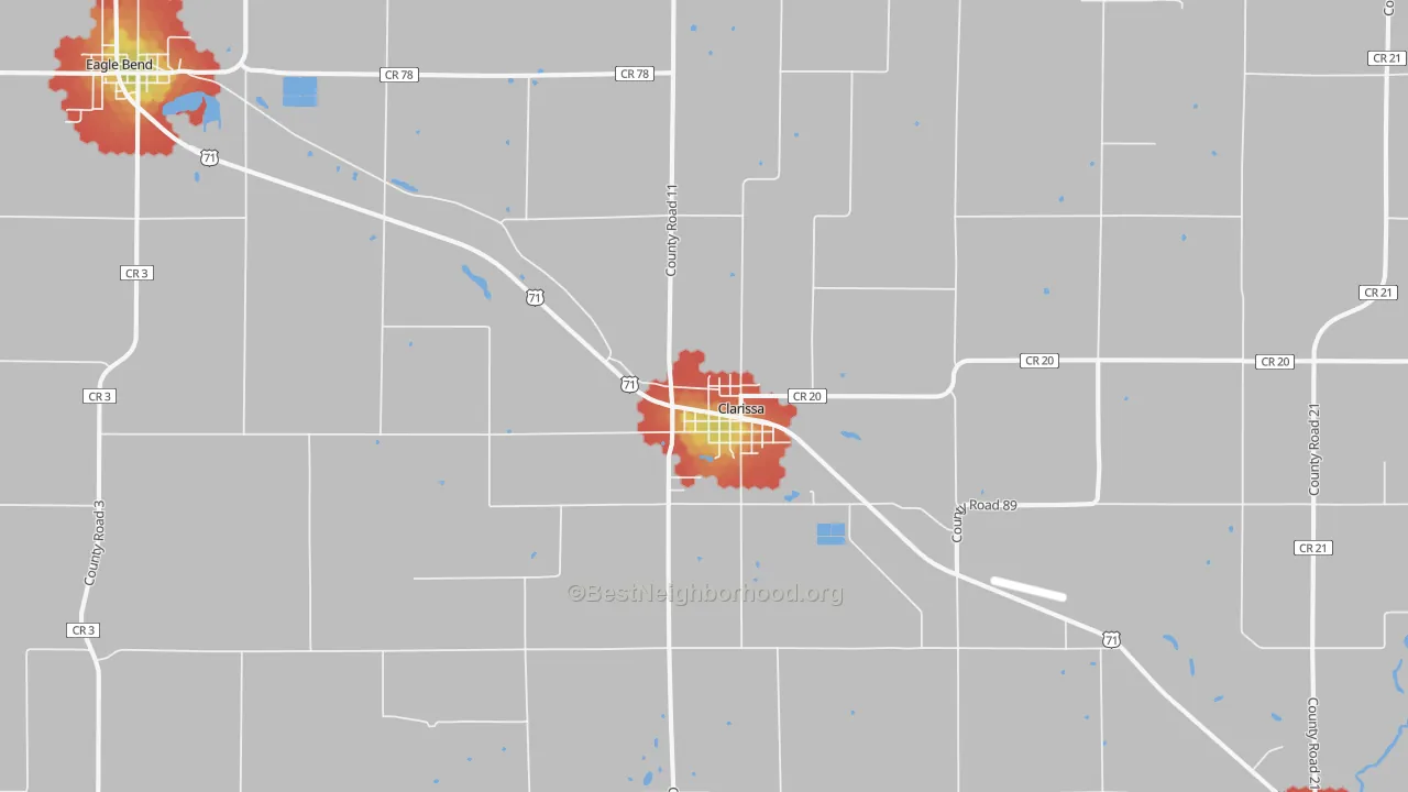 Walk Grade map of 56440, MN, walkable areas in green and car-dependent areas in red