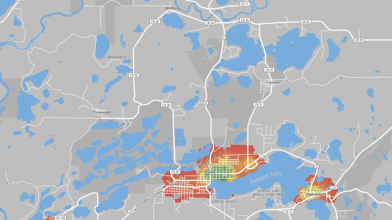 Walk Grade map of 56441, MN, walkable areas in green and car-dependent areas in red