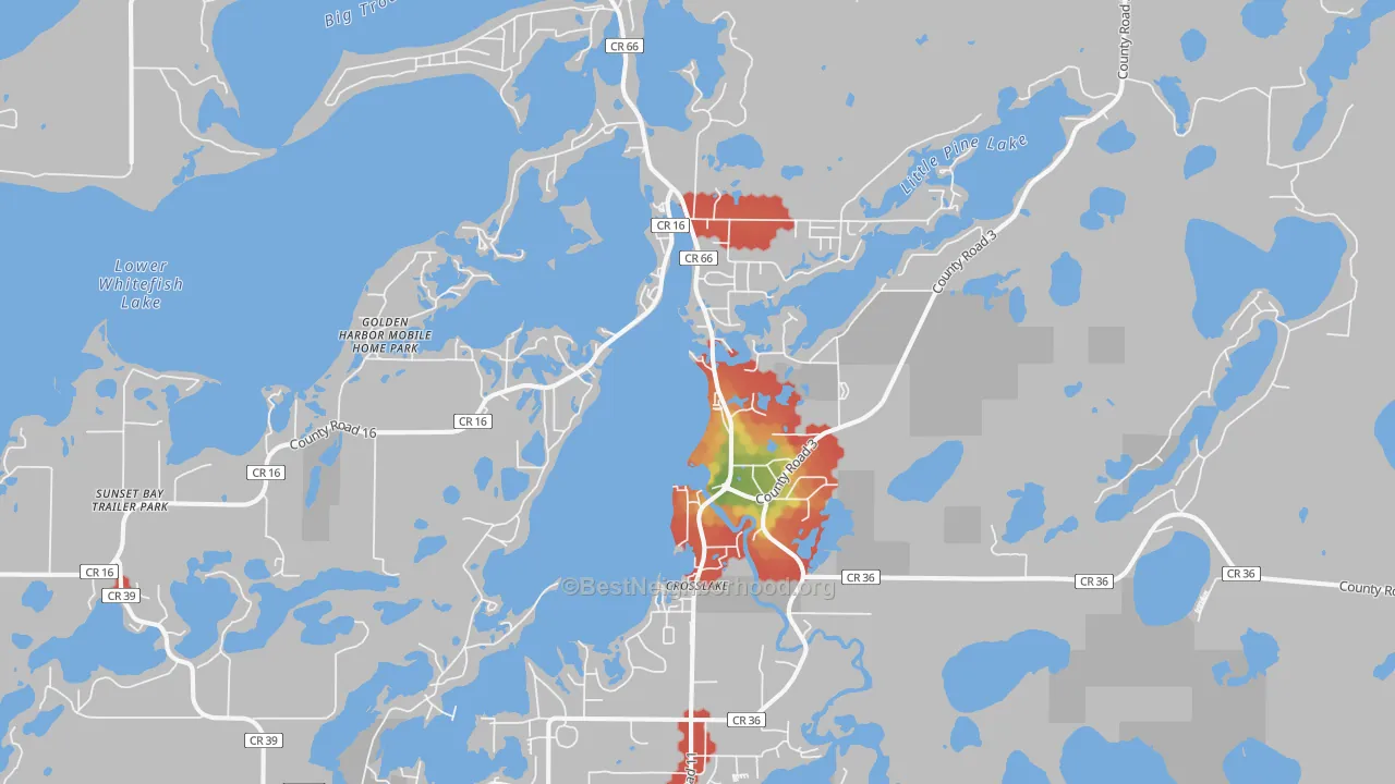 Walk Grade map of 56442, MN, walkable areas in green and car-dependent areas in red