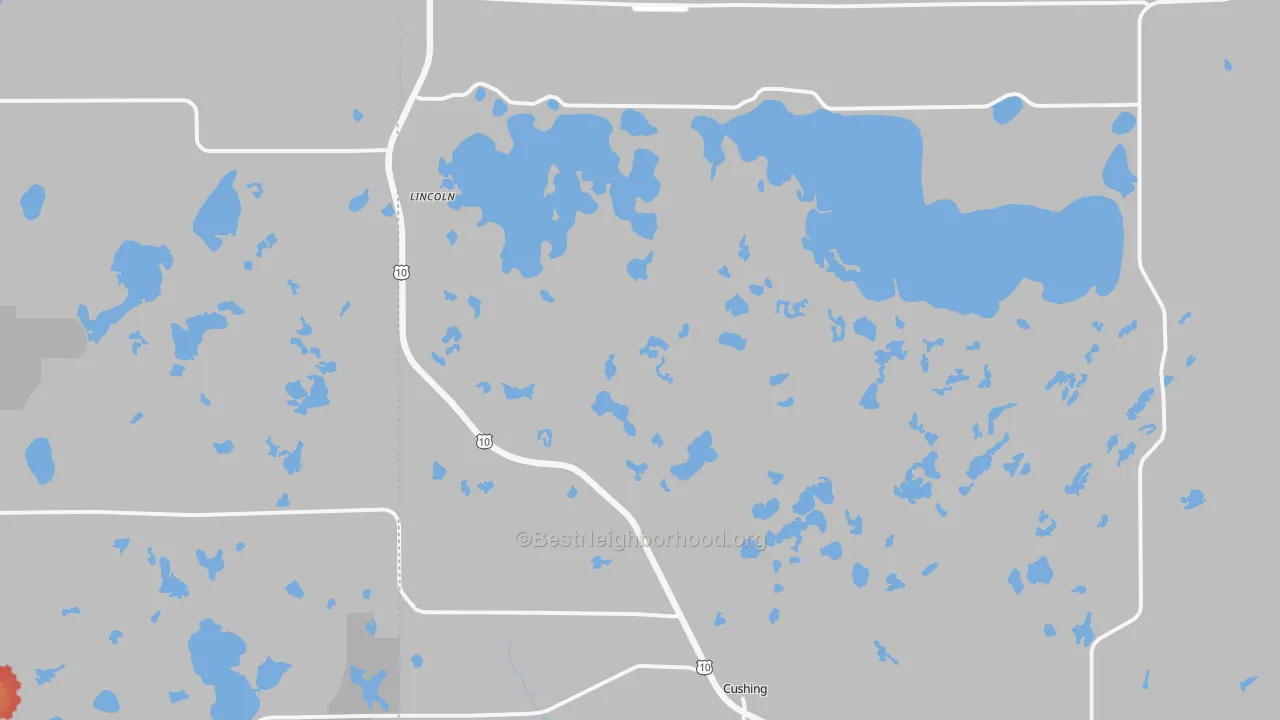 Walk Grade map of 56443, MN, walkable areas in green and car-dependent areas in red