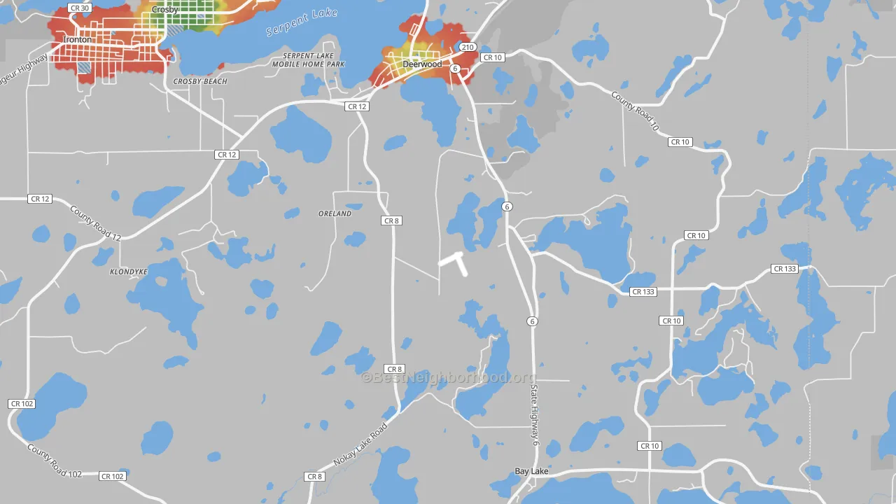 Walk Grade map of 56444, MN, walkable areas in green and car-dependent areas in red