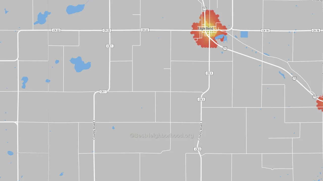 Walk Grade map of 56446, MN, walkable areas in green and car-dependent areas in red