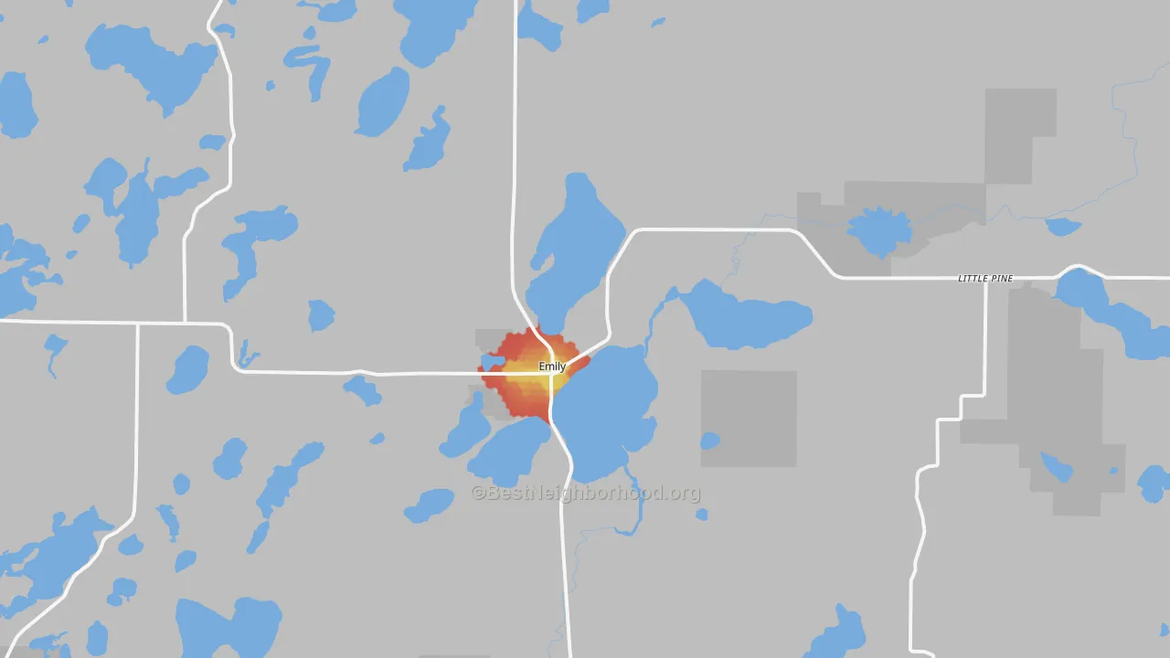 Walk Grade map of 56447, MN, walkable areas in green and car-dependent areas in red