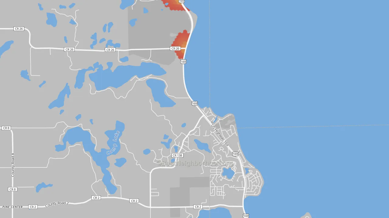 Walk Grade map of 56450, MN, walkable areas in green and car-dependent areas in red