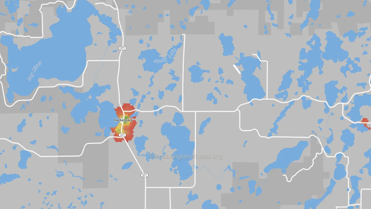 Walk Grade map of 56452, MN, walkable areas in green and car-dependent areas in red