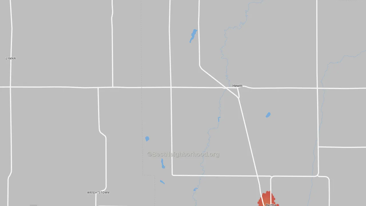 Walk Grade map of 56453, MN, walkable areas in green and car-dependent areas in red