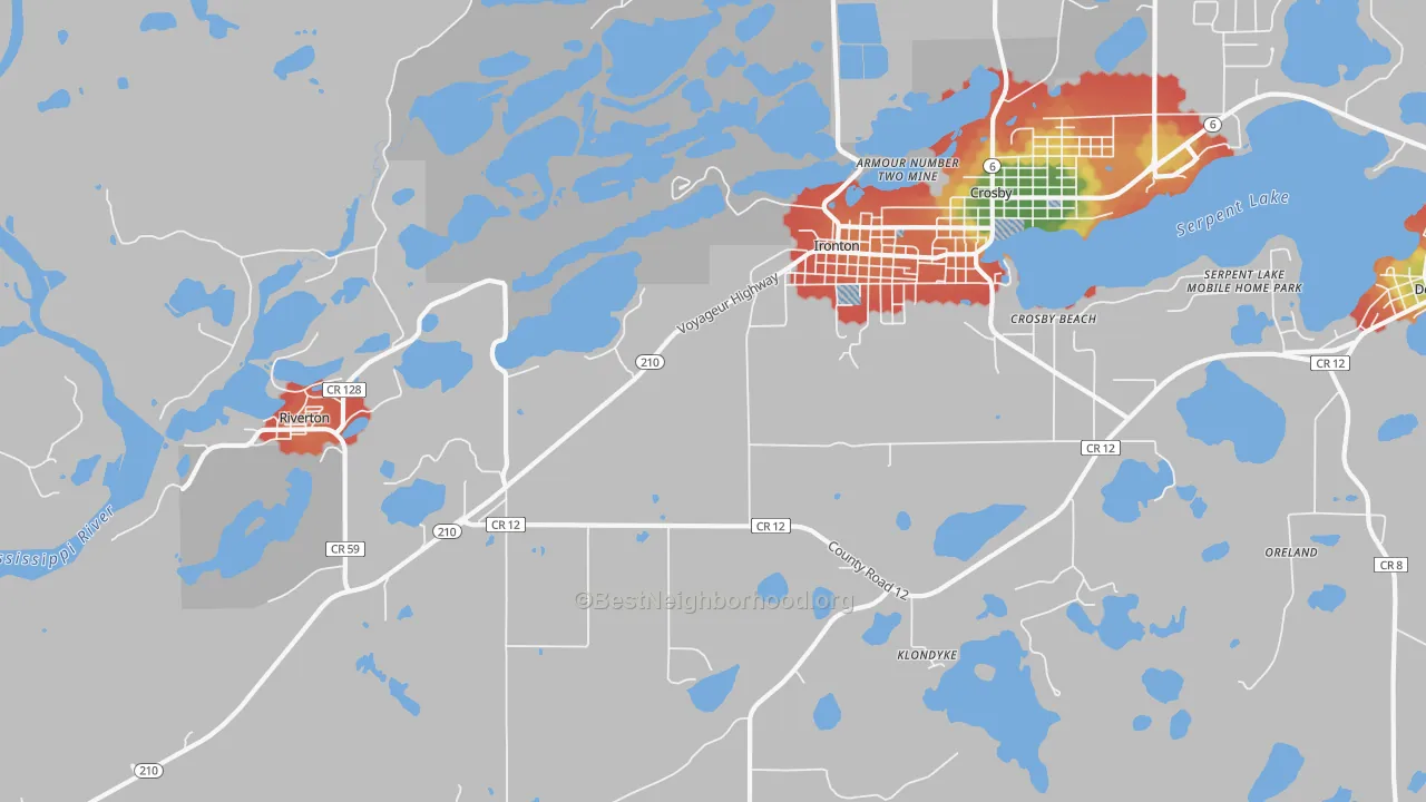 Walk Grade map of 56455, MN, walkable areas in green and car-dependent areas in red