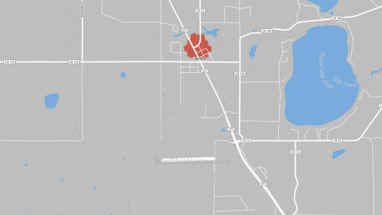 Walk Grade map of 56456, MN, walkable areas in green and car-dependent areas in red
