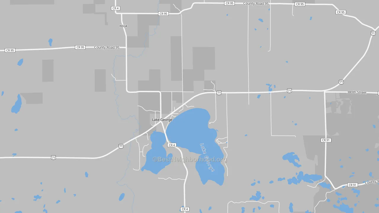 Walk Grade map of 56458, MN, walkable areas in green and car-dependent areas in red