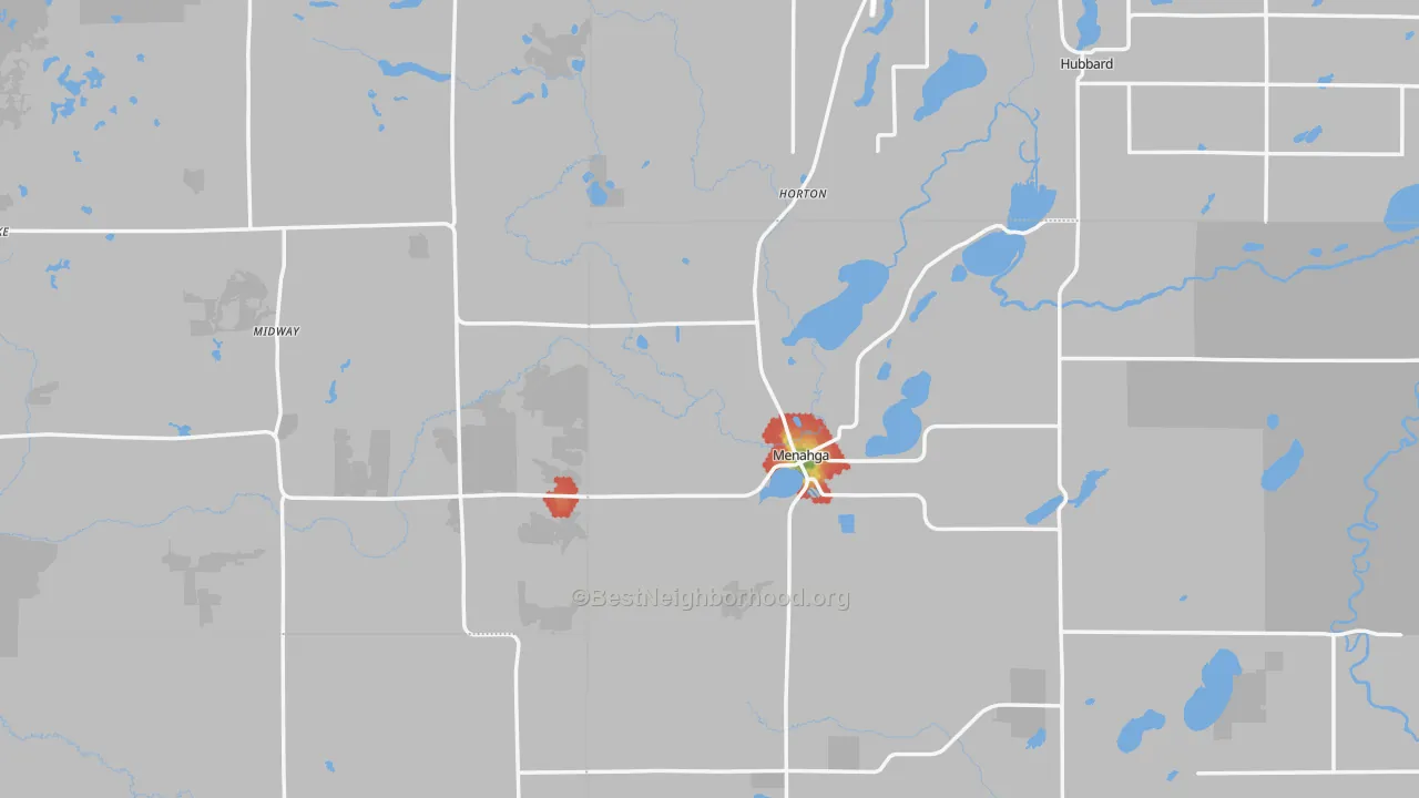Walk Grade map of 56464, MN, walkable areas in green and car-dependent areas in red