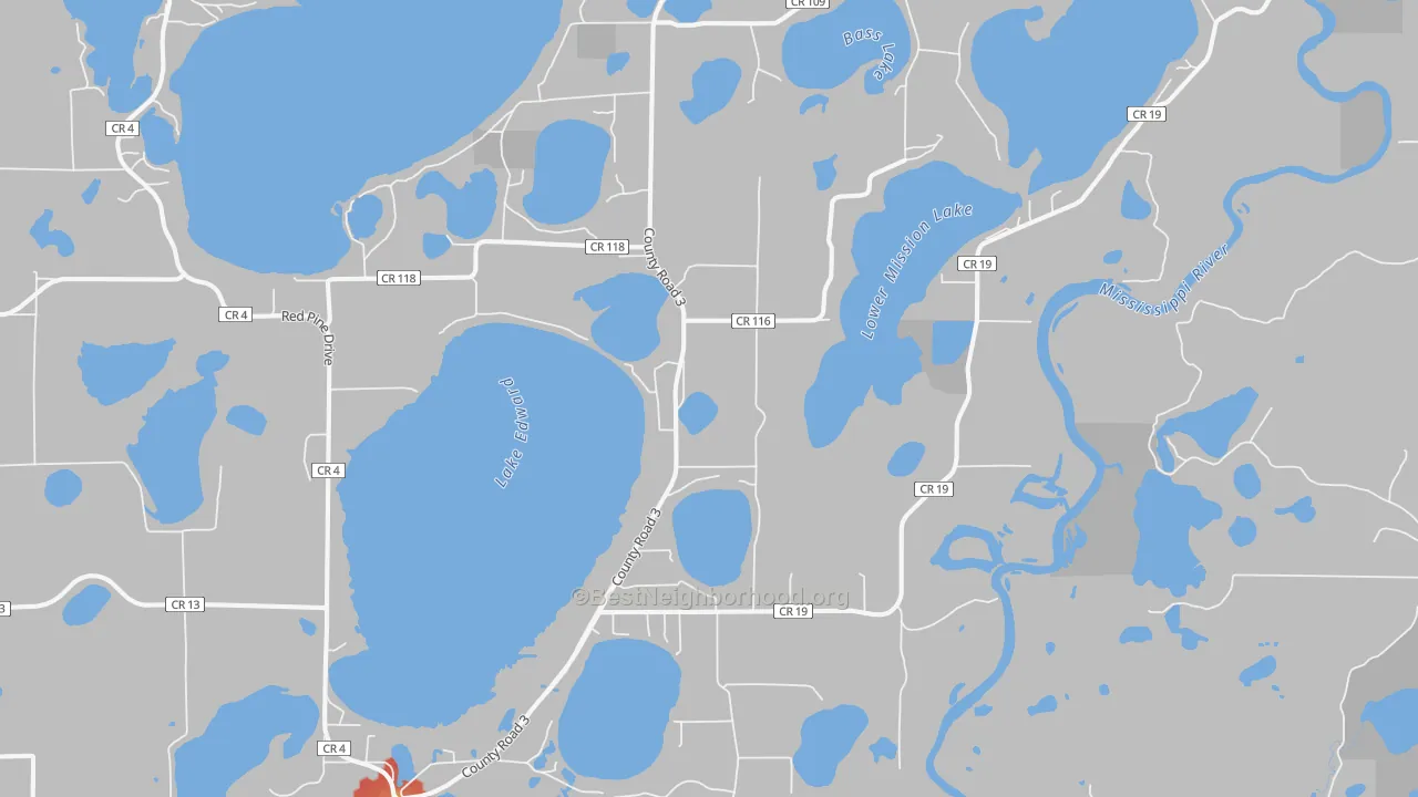 Walk Grade map of 56465, MN, walkable areas in green and car-dependent areas in red